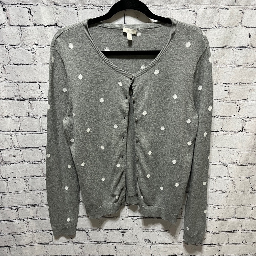 Talbots Gray White Polka Dot Button Front Cardigan Large Petite